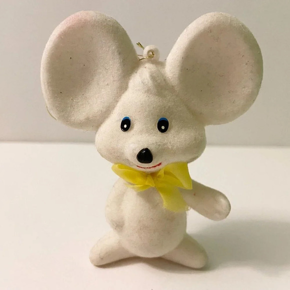 Vintage Flocked Mouse Christmas  Ornament Yellow Bow 3 Inch Tall Figure - Picture 7 of 11